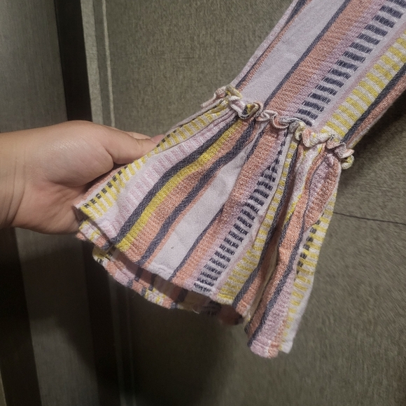 Miami 100% Rayon Yellow & Pink Striped Bell Sleeve Top Boho Artistic Bohemian Sm - Picture 5 of 7